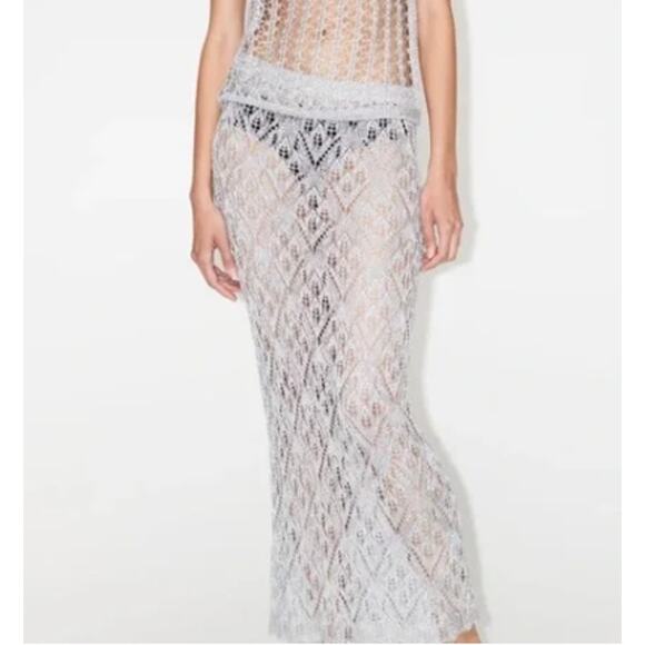 Zara Metallic Silver Open Knit Embroidered Mesh Skirt Midi / Maxi Size Large - Picture 1 of 9